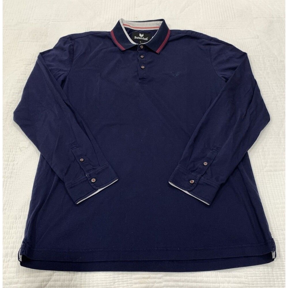 Buttercloth Polo Shirt Mens Large Long Sleeve Navy Blue Flip Cuff